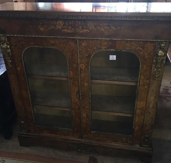 A Victorian walnut and floral marquetry inlaid side cabinet, W.4ft